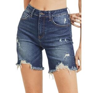 Risen Jeans NWT Medium Wash High Waist Distressed Long Shorts XRDS1052 Size XXL